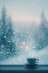 Steaming Cup with Snowy Landscape Outside Window