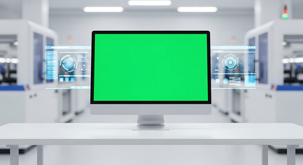Tech Lab Screen: A modern computer with a vibrant green screen stands prominently on a sleek, futuristic table in a high-tech laboratory. The clean.