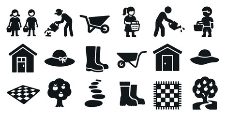 Fototapeta premium Gardening and home silhouette icons set – solid, filled, planting and outdoor symbols