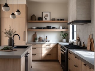 Modern kitchen with light wood cabinets and concrete countertops.