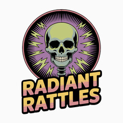 Fototapeta premium A skull with a purple and green background with the words Radiant Rattles written in white. The skull is smiling and has a microphone on its head