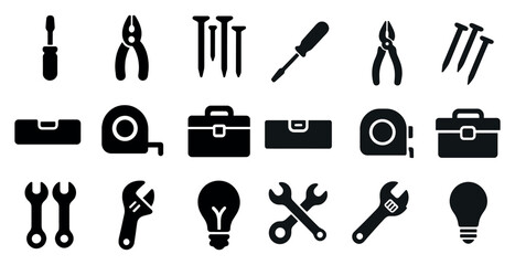 Tools and construction solid icons set – filled, diy, handyman symbols for projects