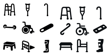 Mobility aids solid icons set – filled, silhouette, accessibility symbols