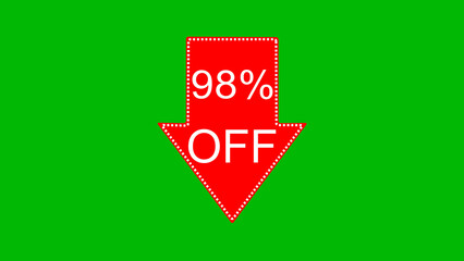 98 percent off discount offer icon illustration. illustration arrow pointing 98 percent off text illustration. green background 4k illustration.	