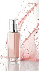 Elegant glass bottle of liquid foundation with a dynamic pink splash and droplets