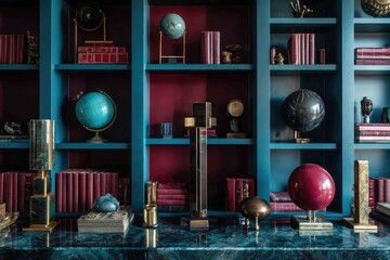 Teal and maroon library shelves filled with decorative items
