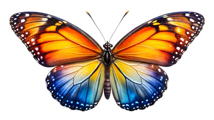 Vibrant Orange and Blue Butterfly Wings:  Close-up Macro Studio Shot, Isolated on Black Background, Detailed Texture, Serene and Elegant Mood.