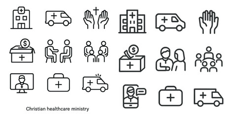 Christian healthcare line icons set – medical, ministry, outline and cross symbols