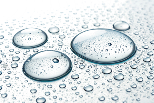 Pristine transparent water drops on a smooth surface create a fresh feel. Transparent Background Png image Isolated on white background for any project.