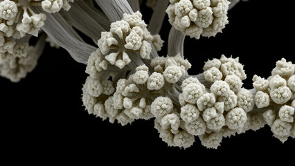 Electron microscope view of Aspergillus flavus spores,
ultra-detailed spore chain morphology,
sharp hexagonal patterns on conidiophores,
pure black background,
scientific microbiology reference .