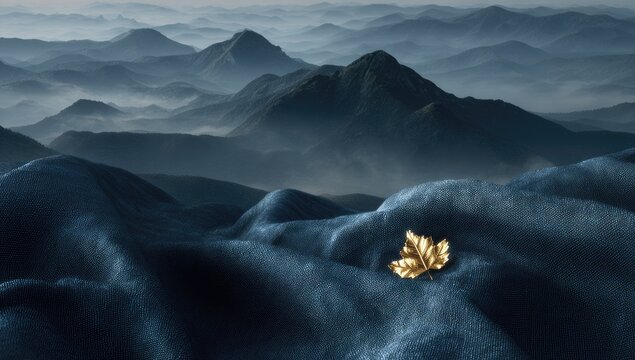 Golden leaf on dark fabric, mountains in mist