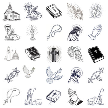 A collection of Christian religious vector icons including Bible, cross, dove, rosary, praying hands, and church. Clean, minimal design with transparent background for spiritual themes.