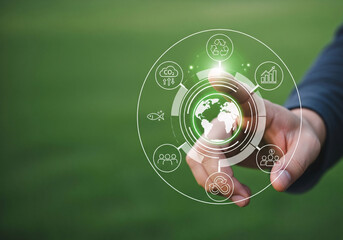 Innovative sustainable business solutions visualized through a digital interface connecting global impact, community, and environmental progress with a hand interacting.
