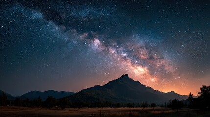 Starry Milky Way sky with glowing galaxy and silhouette mountain, night astronomy scene concept for science, design ads