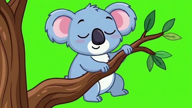 Cute cartoon koala relaxing on tree branch against green background