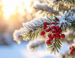 Evergreen pine branch covered in pristine white snow features vibrant red berries glistening under the gentle warmth of the golden winter sun.
