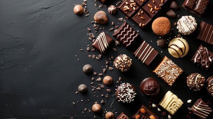 Assorted Chocolates on a Black Background: A Variety of Chocolate Shapes and Sizes, Accompanied by Crumb Accents, Creating a Rich, Indulgent Visual with Deep Contrast and Decadent Appeal