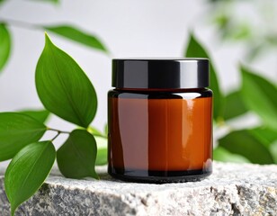 Natural beauty product in an amber glass jar with a black lid stands firmly on a textured stone, with vibrant green leaves gently framing the scene.