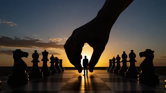 Giant hand manipulating a chess piece at sunset