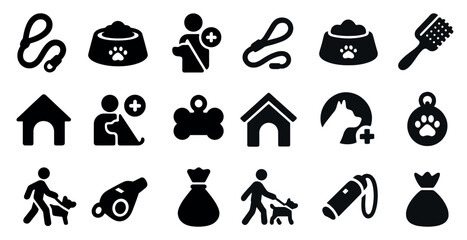 Pet care solid icons set – silhouette, filled, animal and grooming symbols