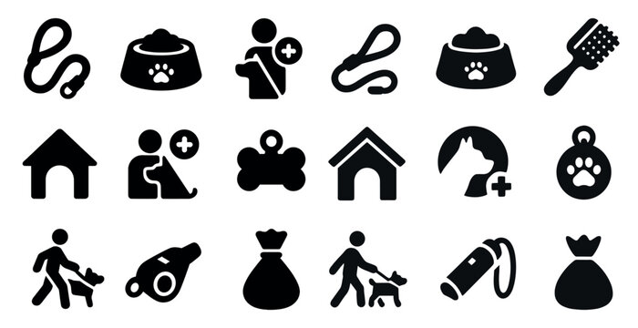 Pet care solid icons set – silhouette, filled, animal and grooming symbols