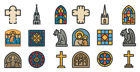 Religious and church icons set – flat, filled, worship and faith symbols