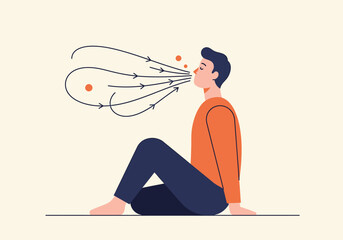 A seated man exhales, with visible breath represented by lines and particles emanating from his mouth.