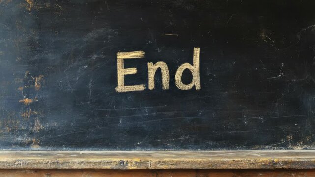 Word "End" written in chalk on black chalkboard, signifying conclusion