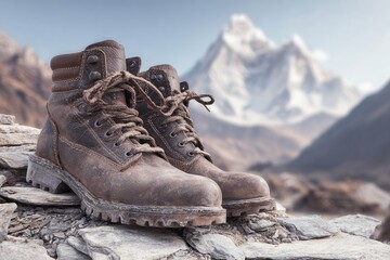 Worn hiking boots on rocks, majestic mountain backdrop