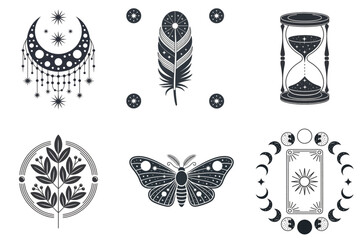 Mystical vector icon set in boho style, featuring celestial moon, feather, moth, and tarot card symbols, isolated on a transparent background