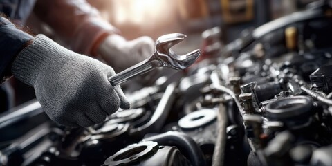 The mechanic holding a wrench while repairing an engine in a workshop