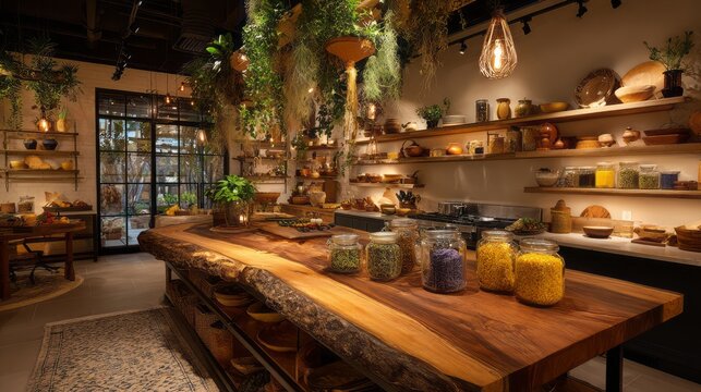 A spacious, herbal kitchen with a large wooden island. - Powered by Adobe