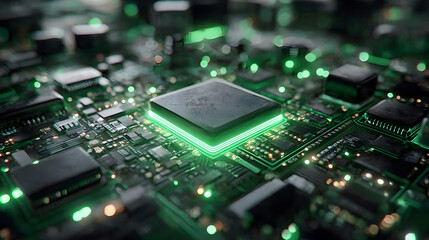 Stock photo of green glowing computer chip motherboard cpu processor technology electronics hardware system 100