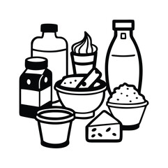 Vector collection of dairy products in flat style including milk, butter, cheese, yogurt, cottage cheese, sour cream, ice cream, cream, isolated on white