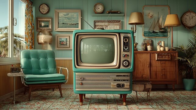 Streaming day vintage TV with static screen and retro living room, nostalgia digital entertainment concept for media ads