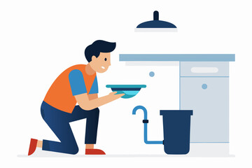 Man collecting water from leaky pipe under sink