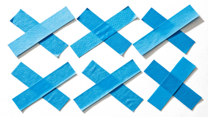 A versatile set of six crinkled blue painter's tape crosses arranged in a simple grid pattern. Transparent Background Png image Isolated on white background.