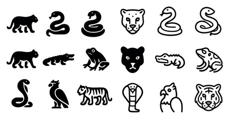 Fototapeta premium Wildlife and jungle silhouette icons set – outline, animal, exotic nature symbols