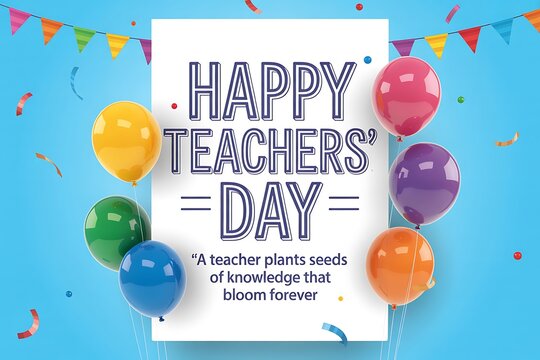 Celebrate educators with vibrant balloons and confetti, honoring their impact with a heartwarming quote for a special Teachers Day message