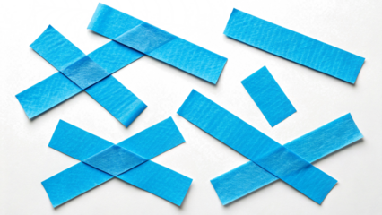 Vibrant blue textured fabric tape pieces in cross and strip shapes for designs. Transparent Background Png image Isolated on white background element.