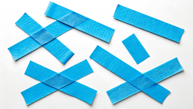 Vibrant blue textured fabric tape pieces in cross and strip shapes for designs. Transparent Background Png image Isolated on white background element.