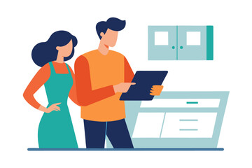 Two people reviewing data on a tablet screen