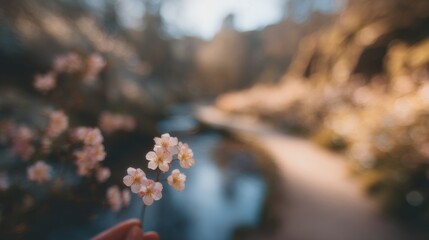 Hand Holding Blossom Branch with Sunlit Park Path Behind