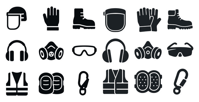 Safety equipment icons set &ndash; filled, solid, protection and ppe symbols