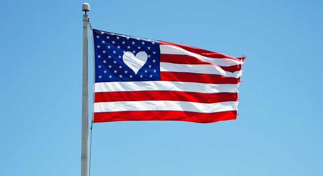 American Flag with Heart Symbol Patriotic Love and Unity Concept Under Clear Blue Sky Symbolizing National Pride and Togetherness