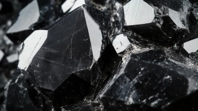 Close-up of shiny, black crystals with sharp edges and textures