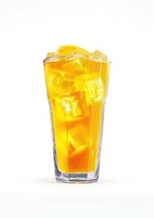 A glass of orange soda with ice beverage bottle shaker.