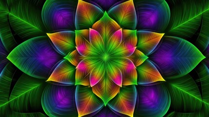 Colorful, symmetrical flower design with intricate leaf-like petals.