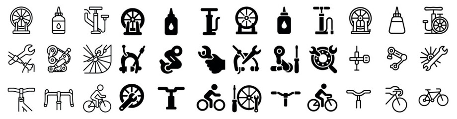 Bicycle and repair silhouette icons set – maintenance, cycling, biking symbols