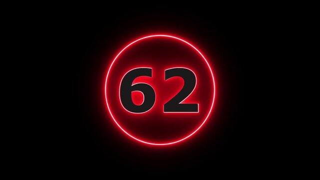 Glowing neon red number 62 with alpha channel countdown icon background 4k animation.